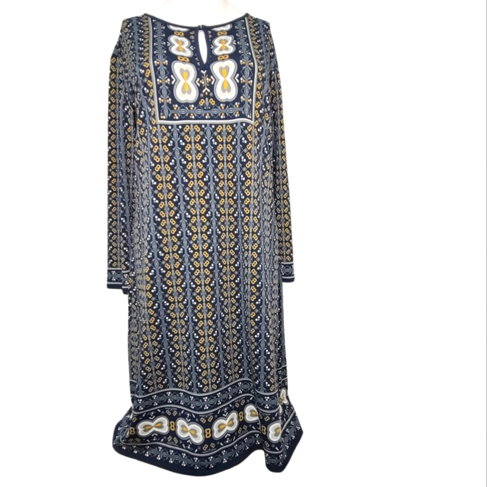 Max Studio Women's Large Blue, White & Yellow Boho Print Midi Dress NWT !